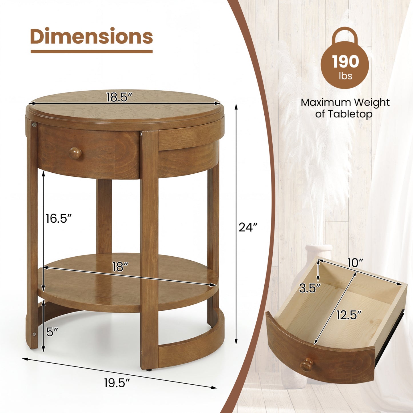 2-Tier Round End Table Mid Century Modern Nightstand, Oak End & Side Tables at Gallery Canada