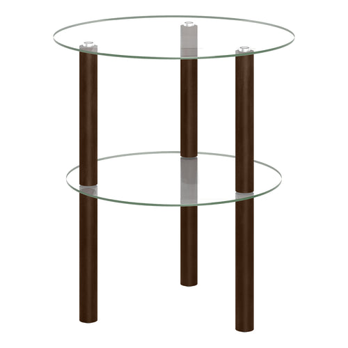2-Tier Round End Table, Clear Glass Top & Shelf, Brown