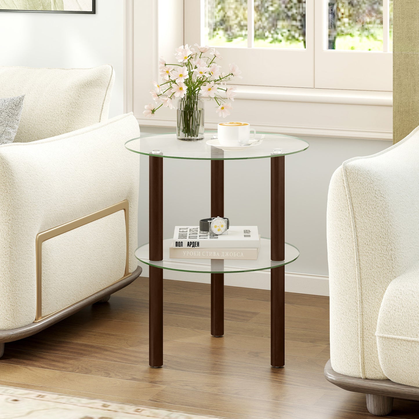 2-Tier Round End Table, Clear Glass Top & Shelf, Brown End & Side Tables at Gallery Canada