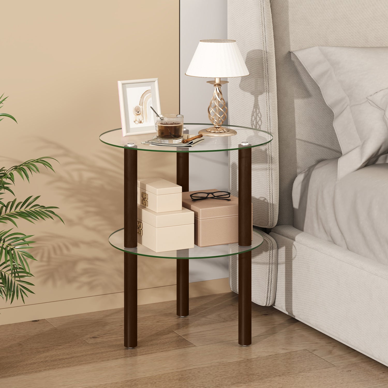 2-Tier Round End Table, Clear Glass Top & Shelf, Brown End & Side Tables at Gallery Canada