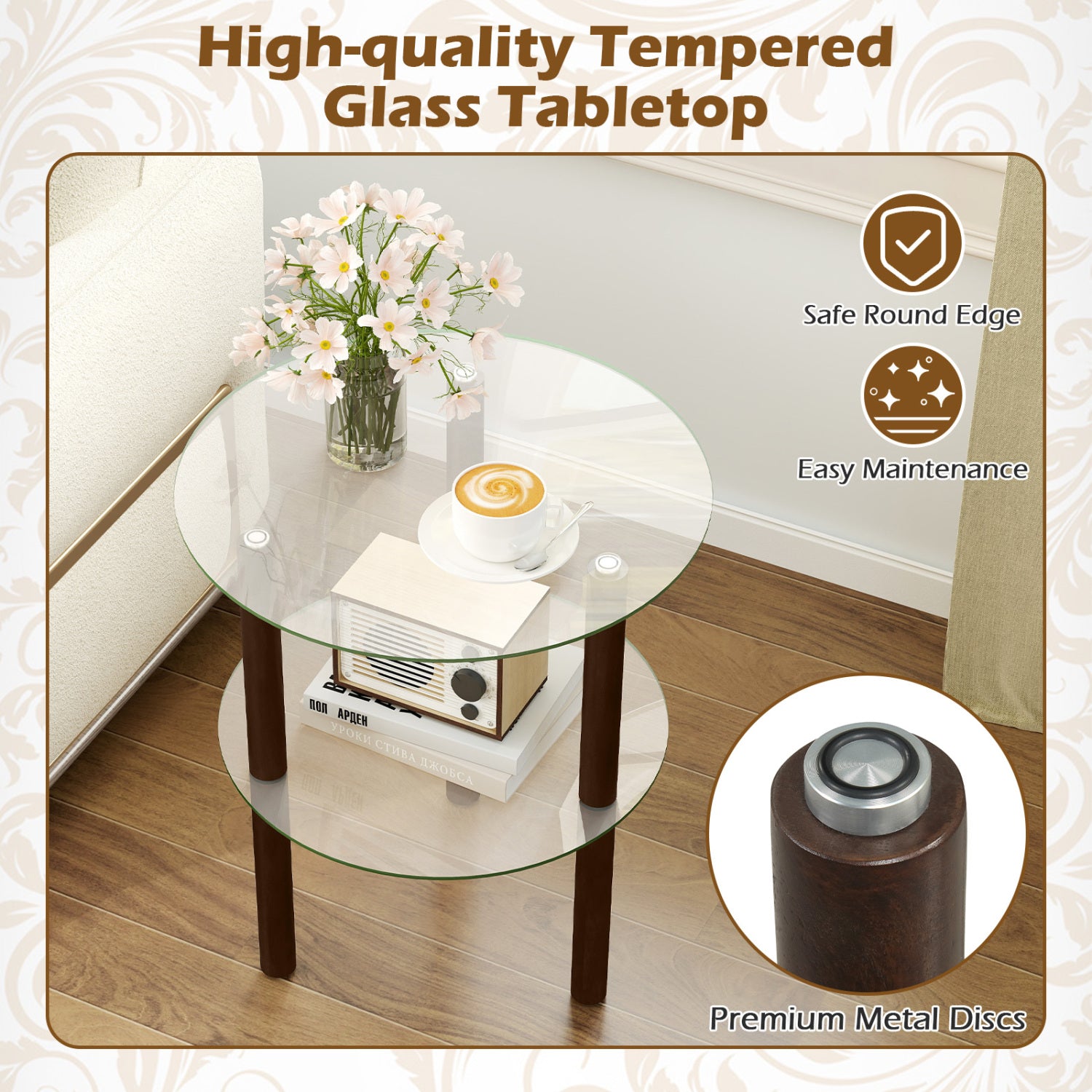 2-Tier Round End Table, Clear Glass Top & Shelf, Brown End & Side Tables at Gallery Canada