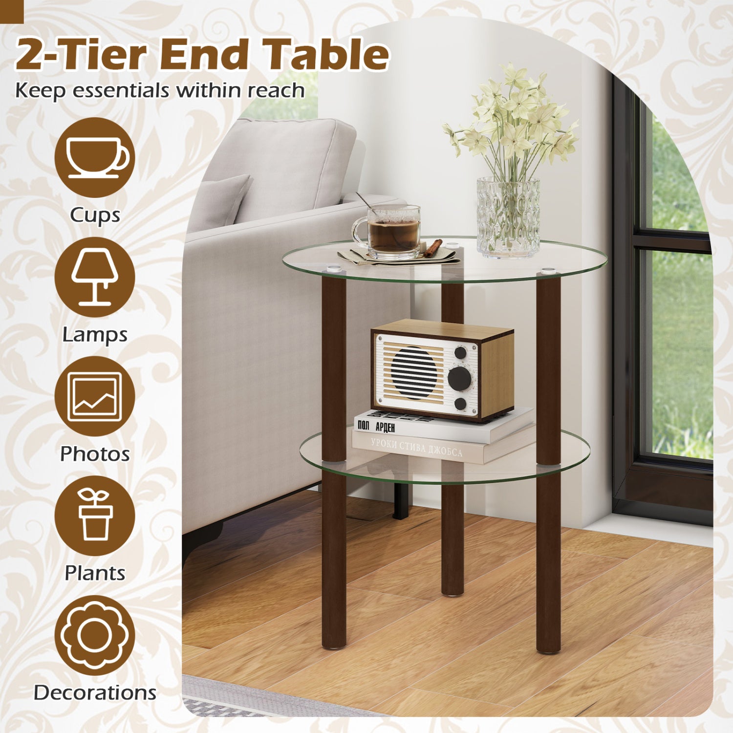 2-Tier Round End Table, Clear Glass Top & Shelf, Brown End & Side Tables at Gallery Canada