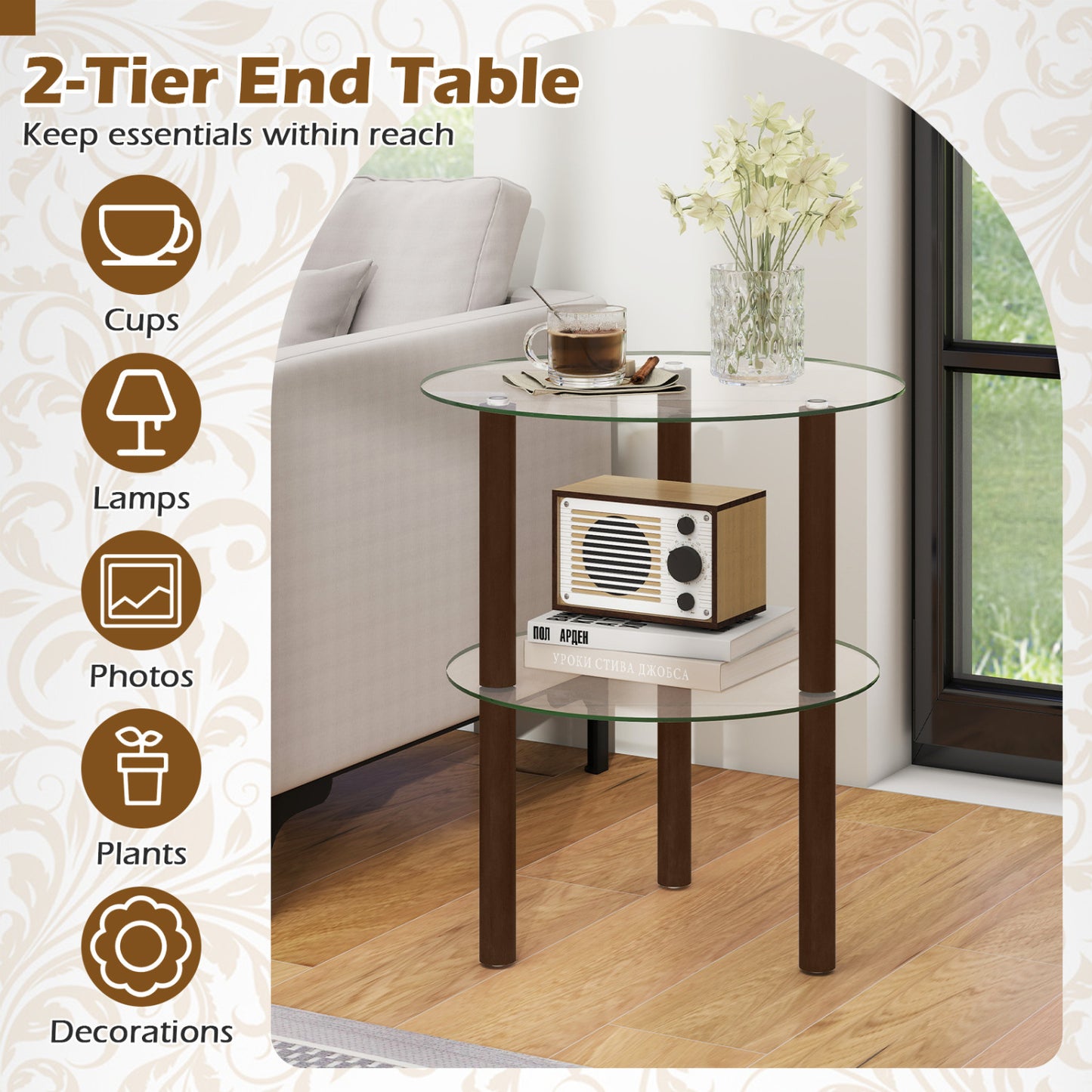 2-Tier Round End Table, Clear Glass Top & Shelf, Brown End & Side Tables at Gallery Canada