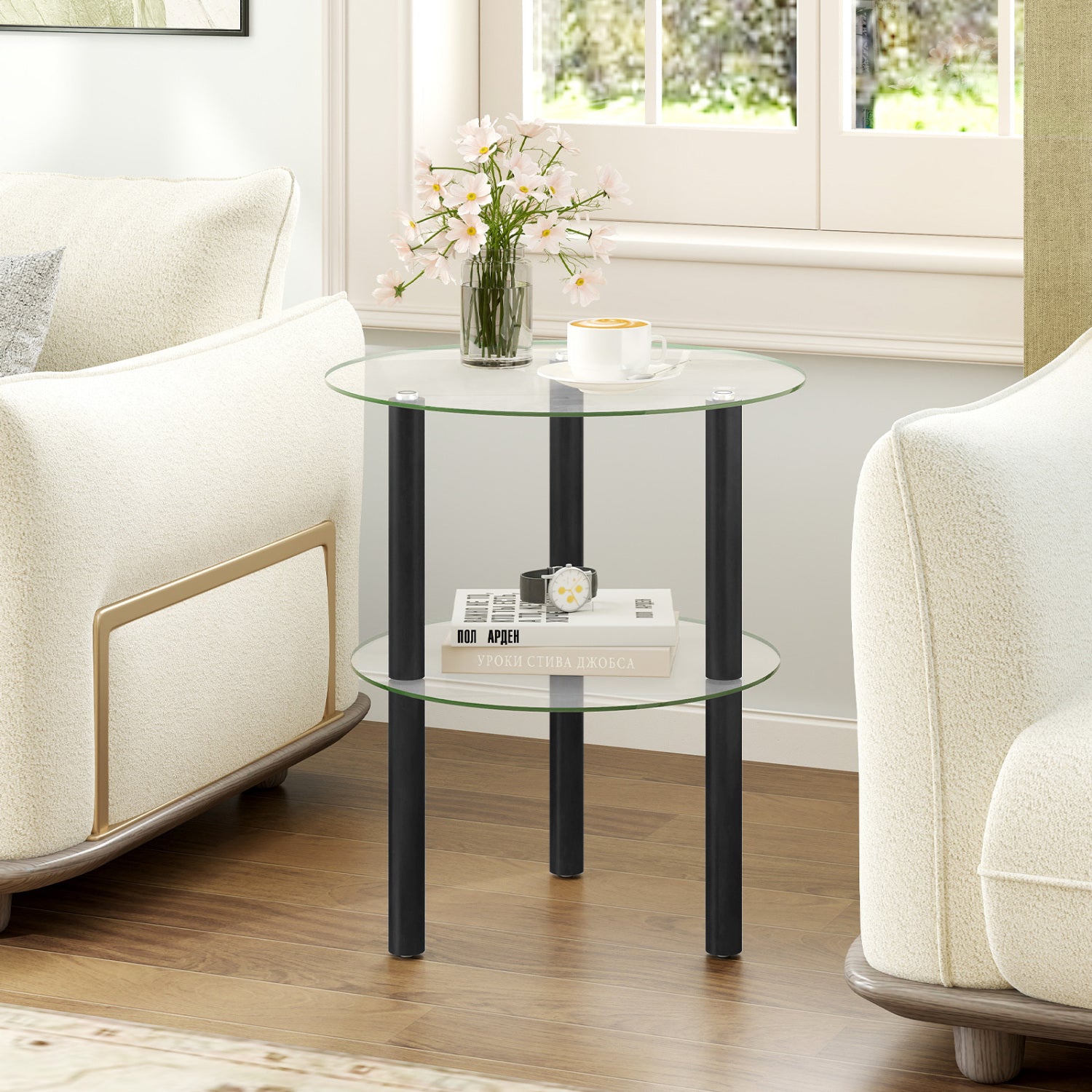 Two-Tier Round End Table, Clear Glass Top, Black End & Side Tables at Gallery Canada