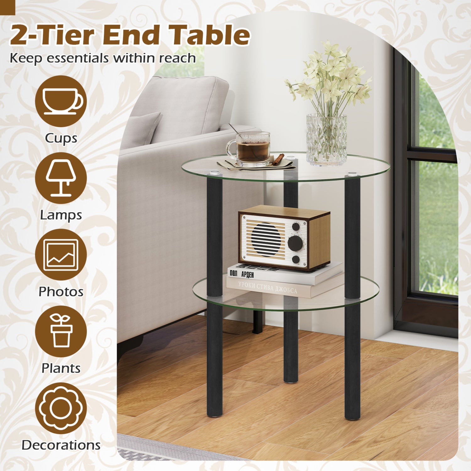 Two-Tier Round End Table, Clear Glass Top, Black End & Side Tables at Gallery Canada