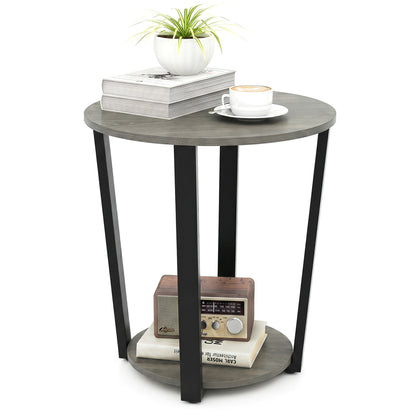 2-Tier Round End Table with Storage Shelf and Metal Frame, Oak