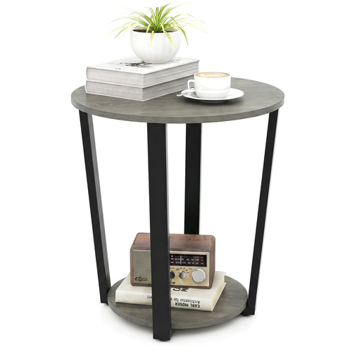 2-Tier Round End Table with Storage Shelf and Metal Frame, Oak