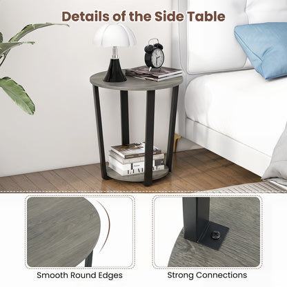 2-Tier Round End Table with Storage Shelf and Metal Frame, Oak