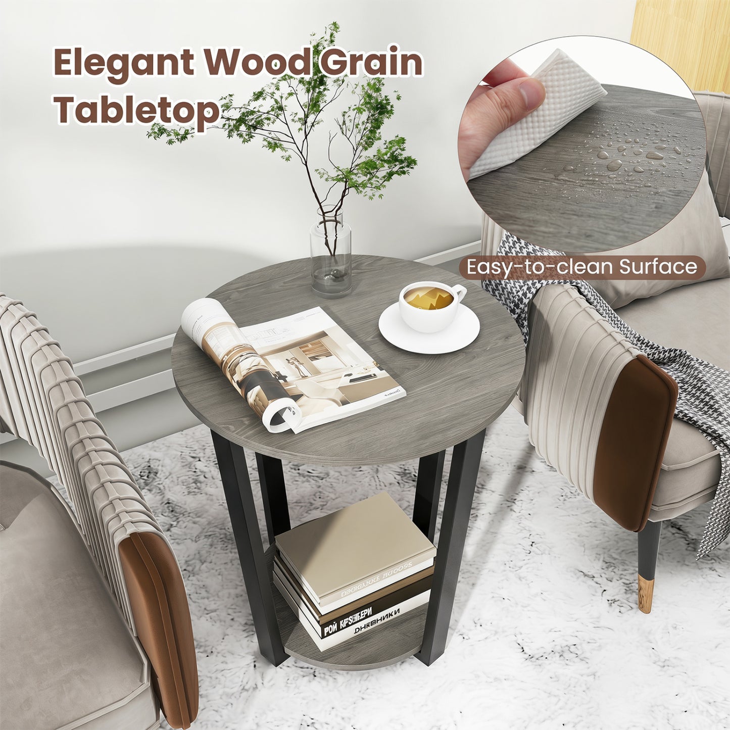 2-Tier Round End Table with Storage Shelf and Metal Frame, Oak