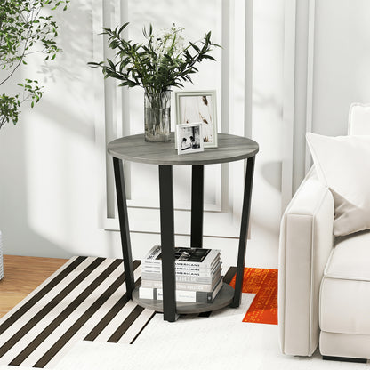 2-Tier Round End Table with Storage Shelf and Metal Frame, Oak