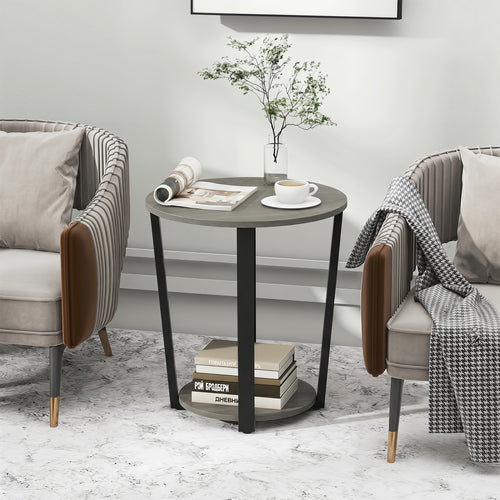 2-Tier Round End Table with Storage Shelf and Metal Frame, Oak