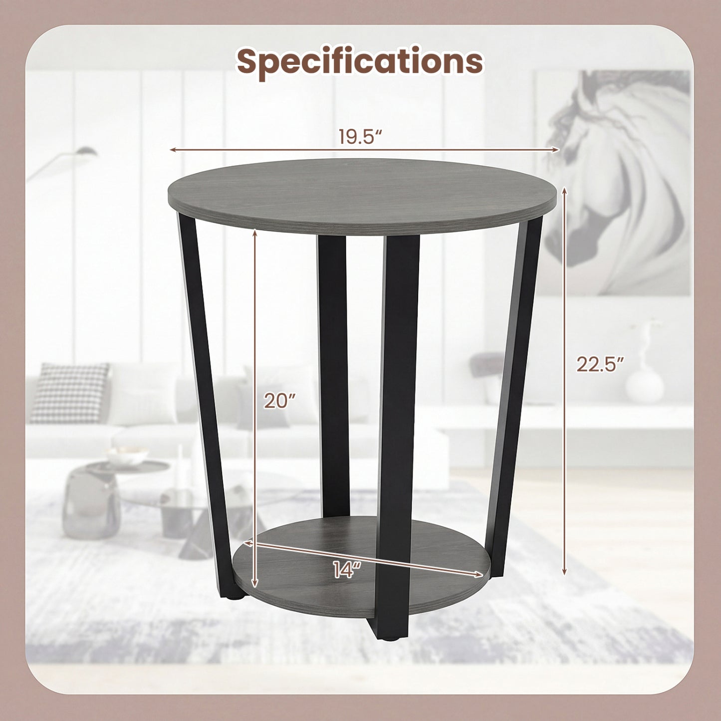 2-Tier Round End Table with Storage Shelf and Metal Frame, Oak