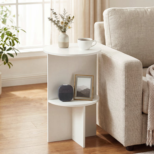 2-Tier Round Side Table with Storage Shelf, White