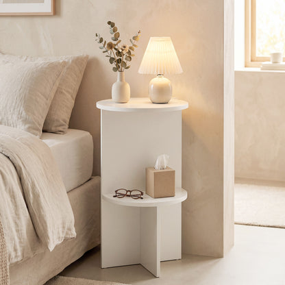2-Tier Round Side Table with Storage Shelf, White