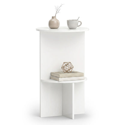 2-Tier Round Side Table with Storage Shelf, White