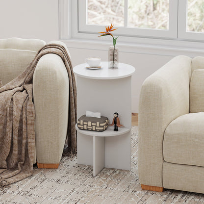 2-Tier Round Side Table with Storage Shelf, White