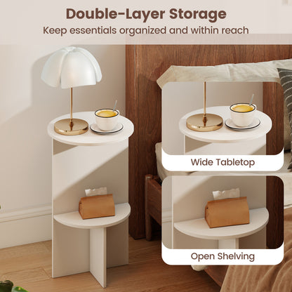 2-Tier Round Side Table with Storage Shelf, White