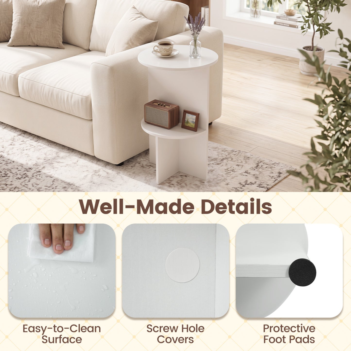 2-Tier Round Side Table with Storage Shelf, White