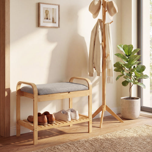 2-Tier Shoe Rack Bench, Flip-Top Storage, Natural
