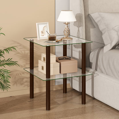2-Tier End Table, Clear Tempered Glass Top, Brown