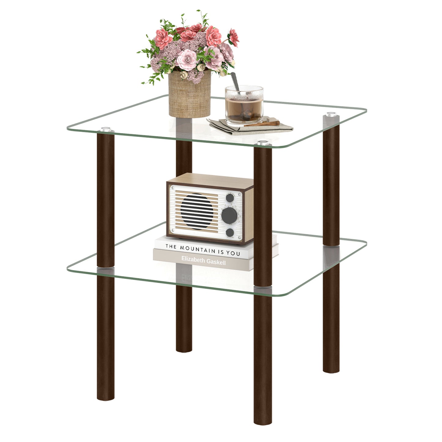 2-Tier End Table, Clear Tempered Glass Top, Brown
