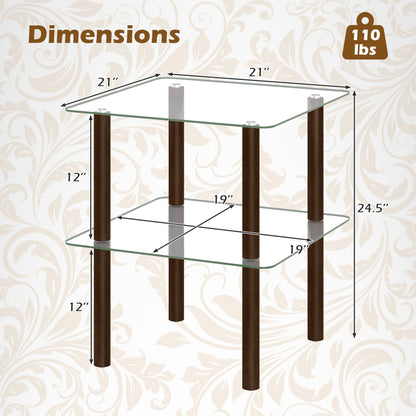 2-Tier End Table, Clear Tempered Glass Top, Brown