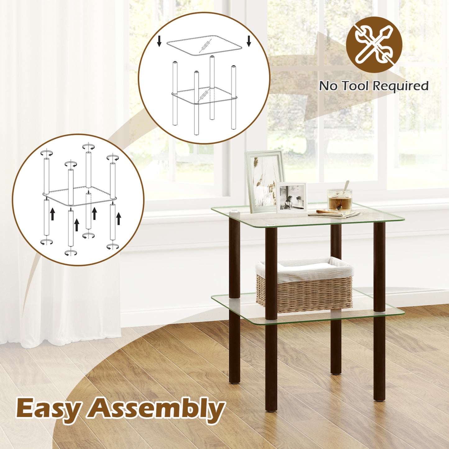 2-Tier End Table, Clear Tempered Glass Top, Brown