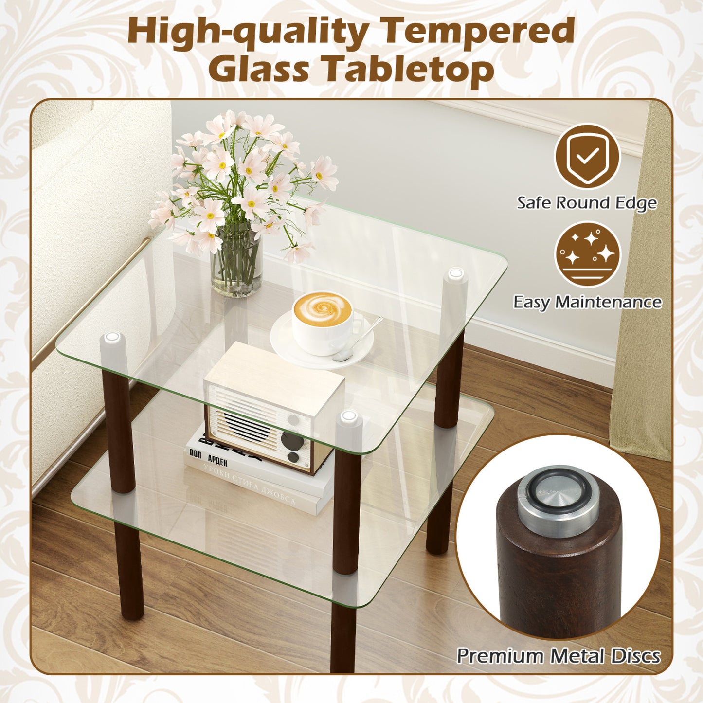 2-Tier End Table, Clear Tempered Glass Top, Brown