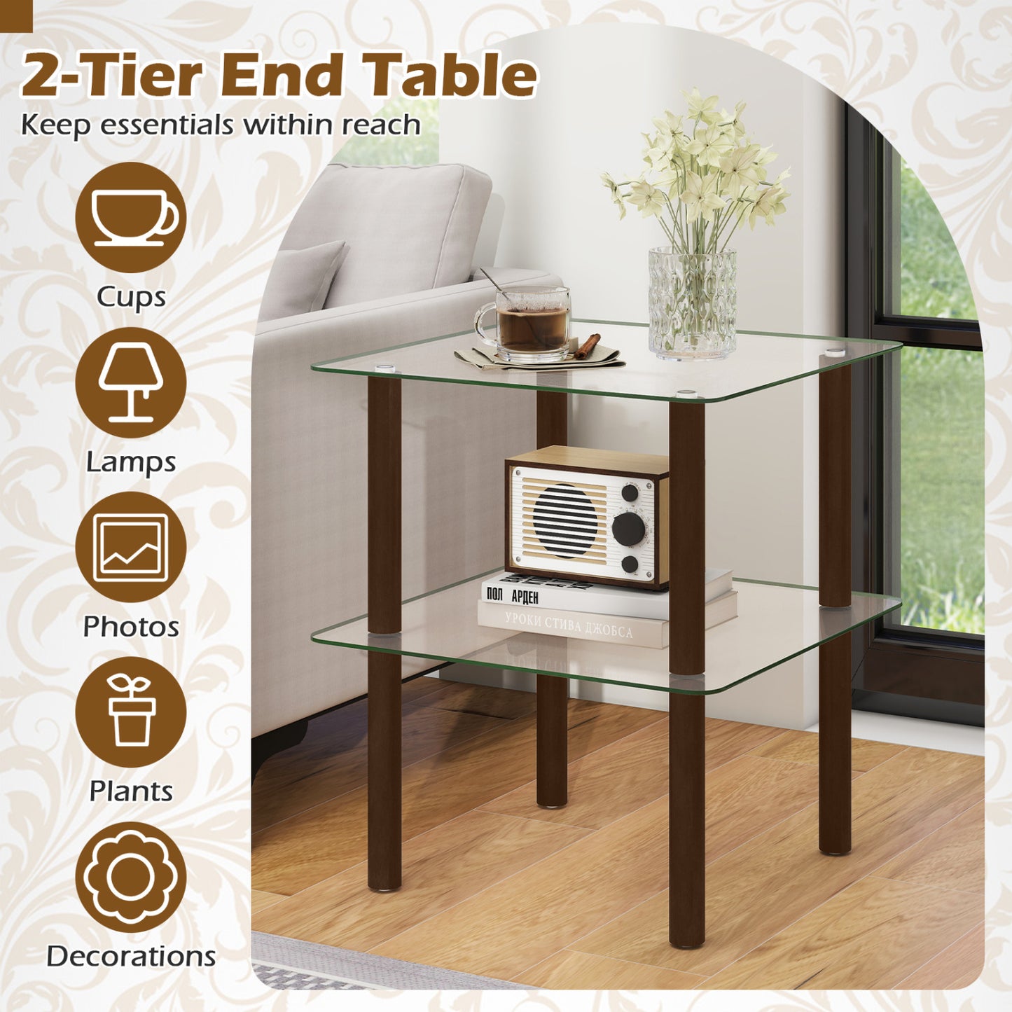 2-Tier End Table, Clear Tempered Glass Top, Brown