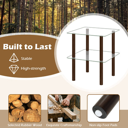 2-Tier End Table, Clear Tempered Glass Top, Brown