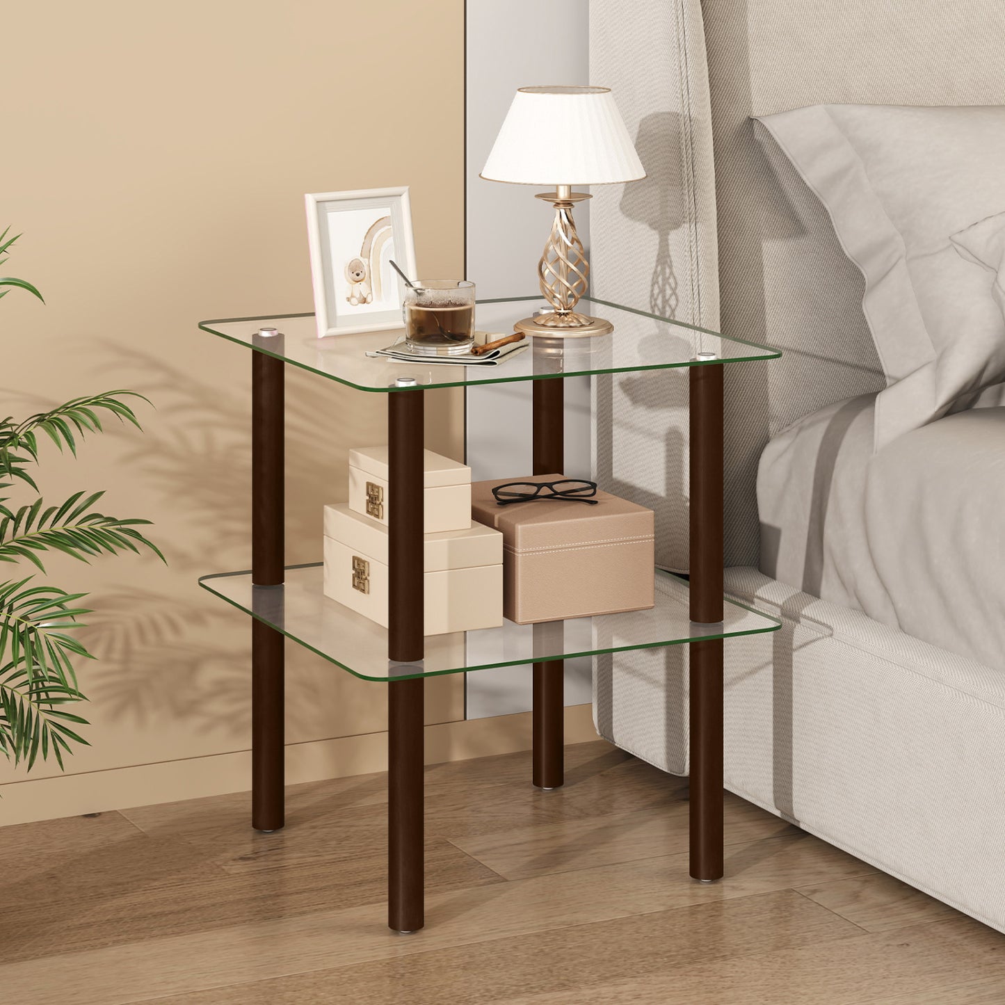 2-Tier Square End Table with Shelf, Black