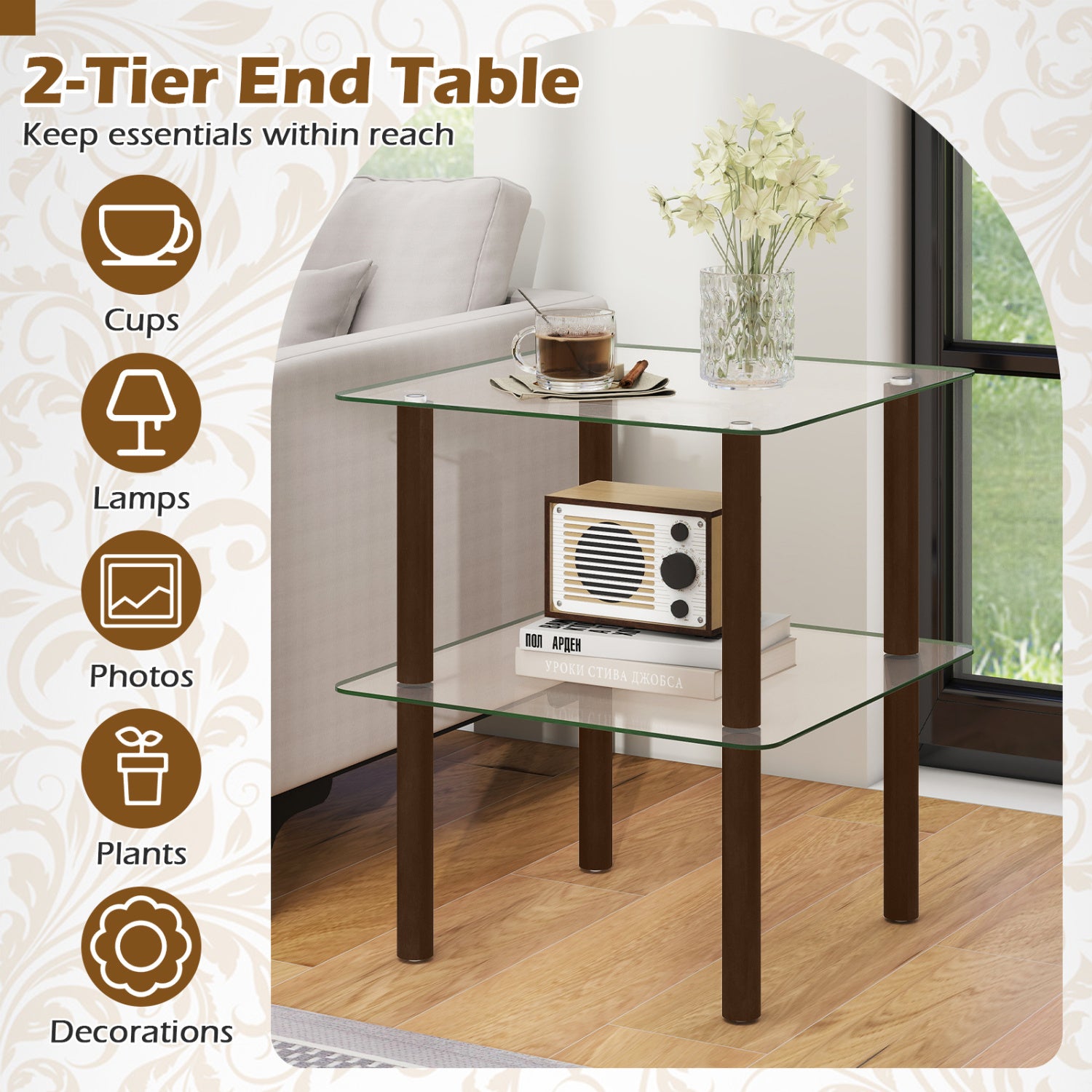 2-Tier End Table, Clear Tempered Glass Top, Brown End & Side Tables at Gallery Canada