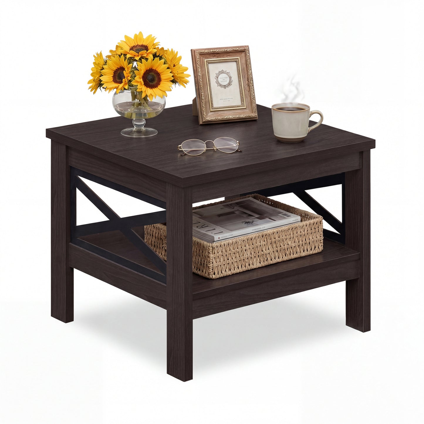 2-Tier Square Side Table With Storage Shelf, X-Frame, Brown End & Side Tables at Gallery Canada
