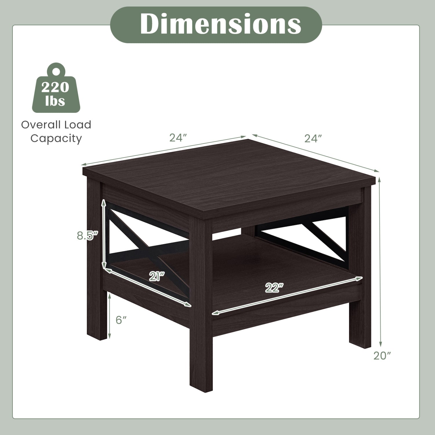 2-Tier Square Side Table With Storage Shelf, X-Frame, Brown End & Side Tables at Gallery Canada