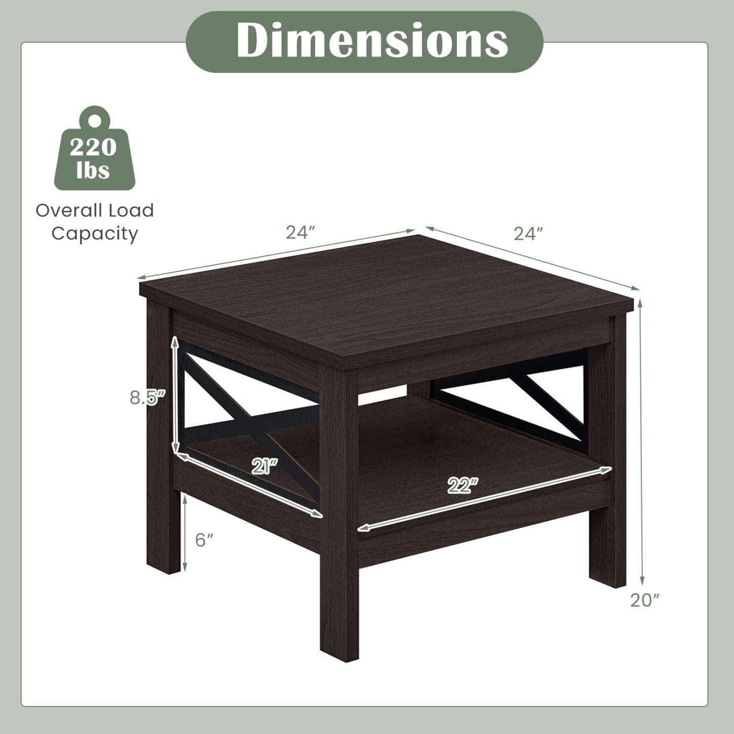 2-Tier Square Side Table With Storage Shelf, X-Frame, Brown End & Side Tables at Gallery Canada