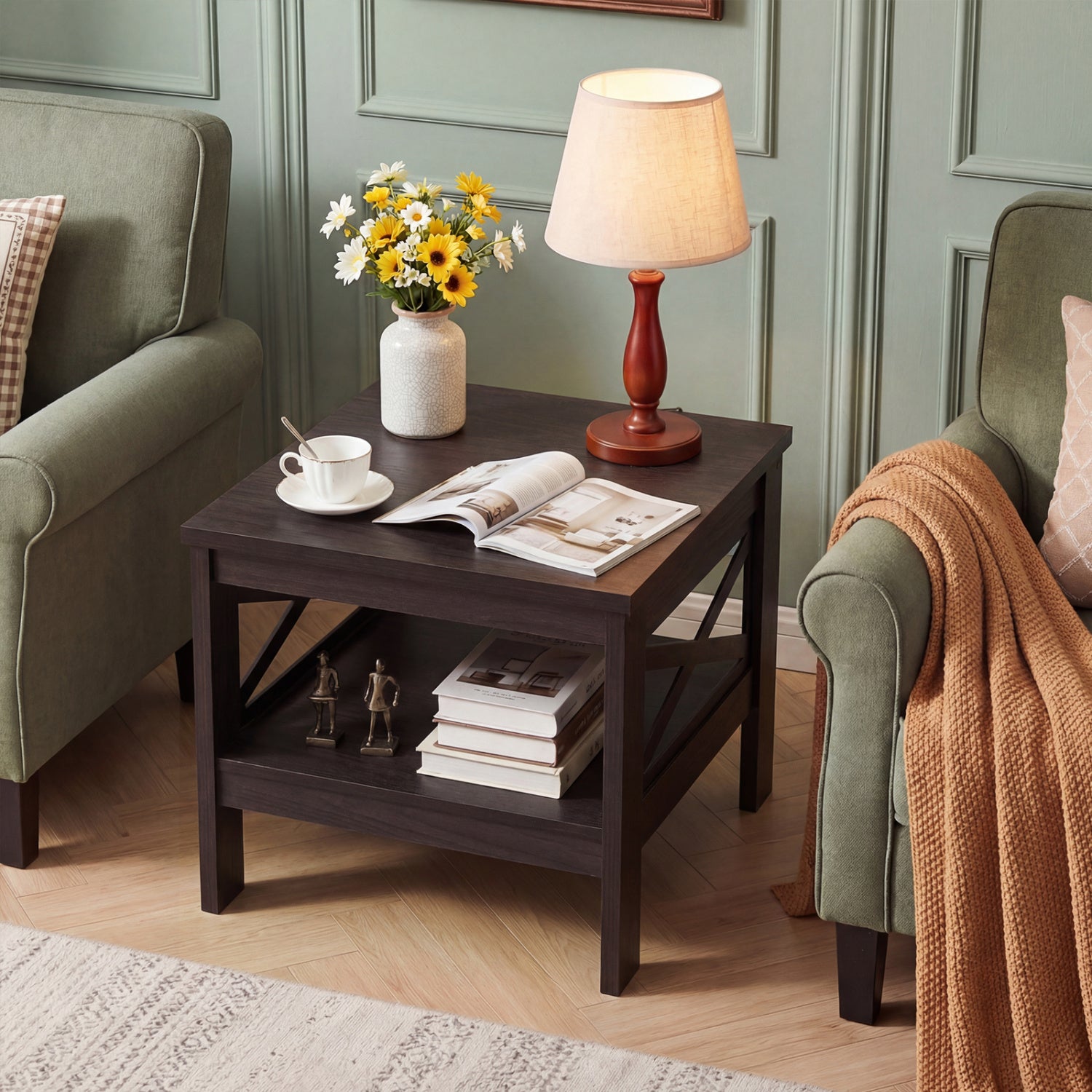 2-Tier Square Side Table With Storage Shelf, X-Frame, Brown End & Side Tables at Gallery Canada