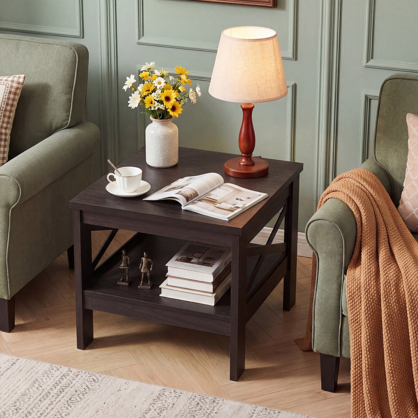 2-Tier Square Side Table With Storage Shelf, X-Frame, Brown End & Side Tables at Gallery Canada