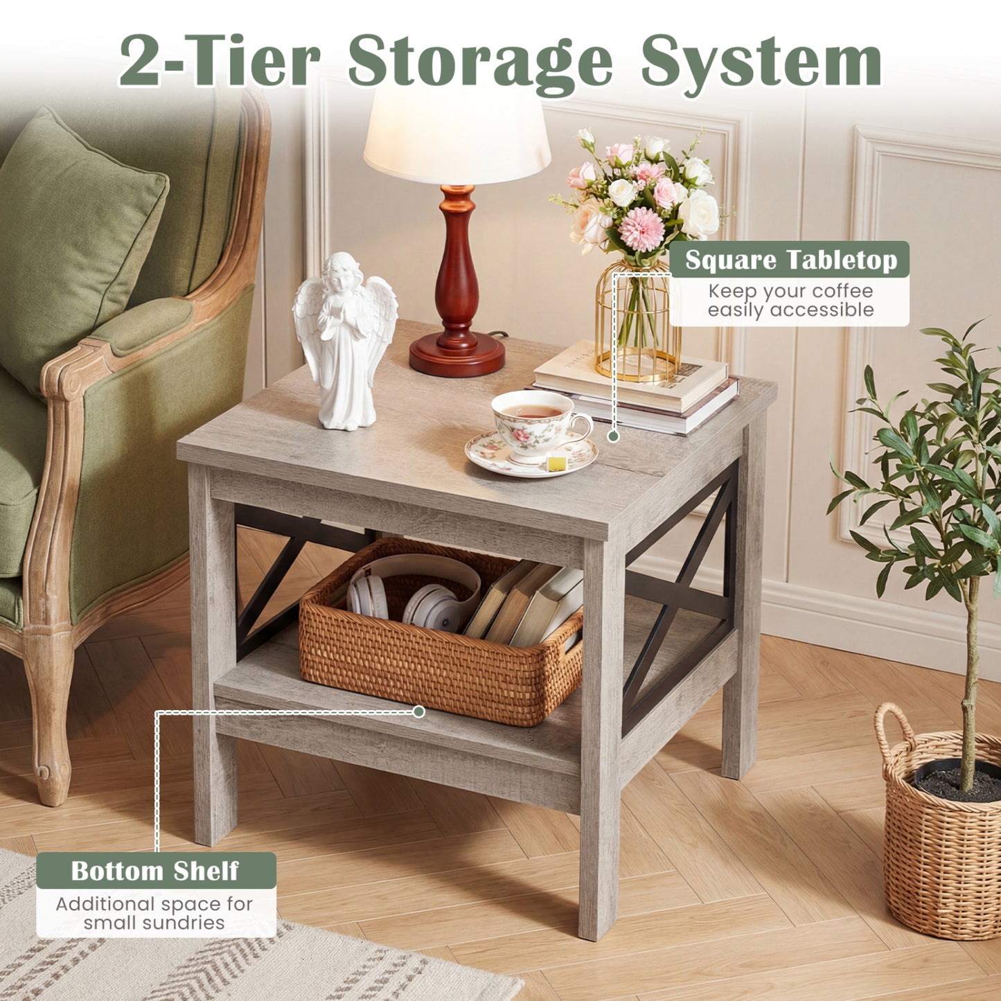 2-Tier Square Side Table With Storage Shelf, Oak End & Side Tables at Gallery Canada