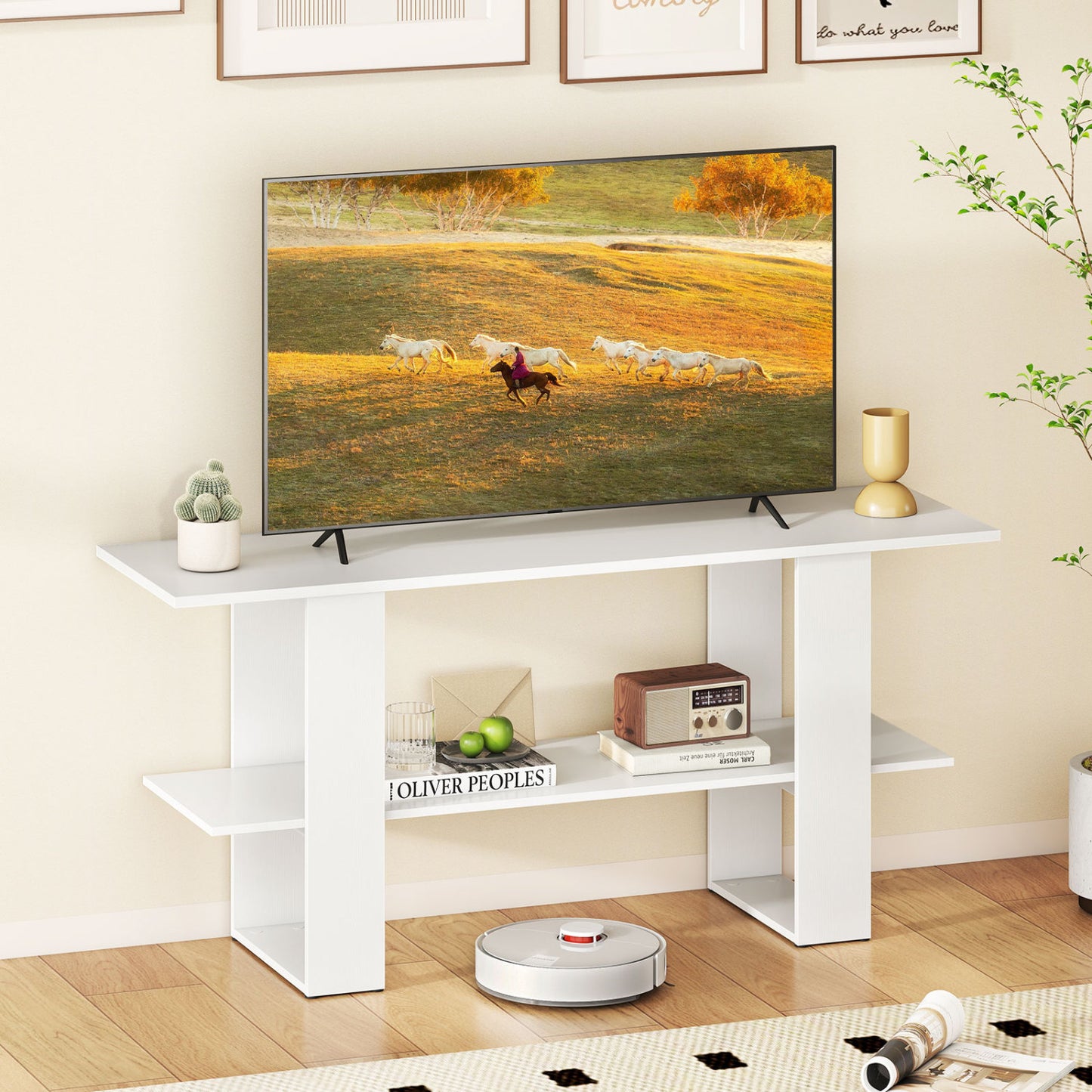 2-Tier TV Stand, 55 Inch, Storage Console Table, White