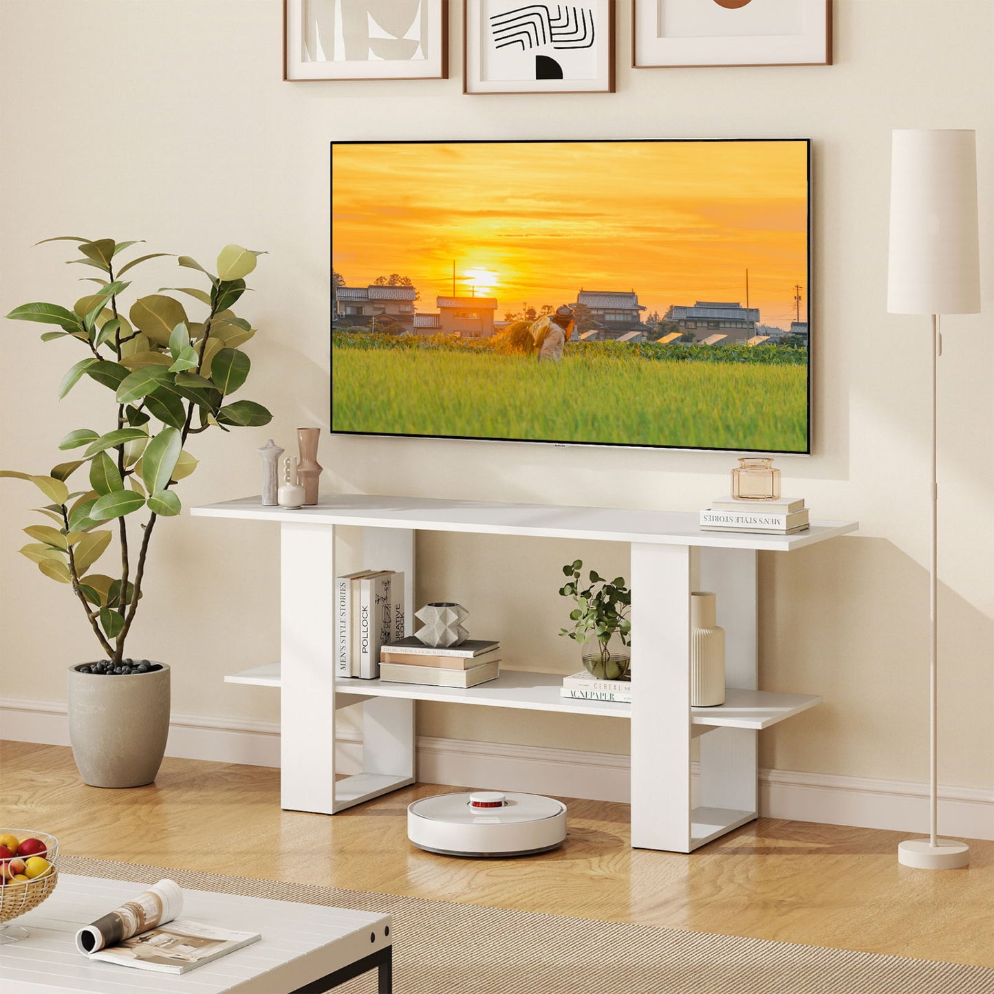 2-Tier TV Stand, 55 Inch, Storage Console Table, White