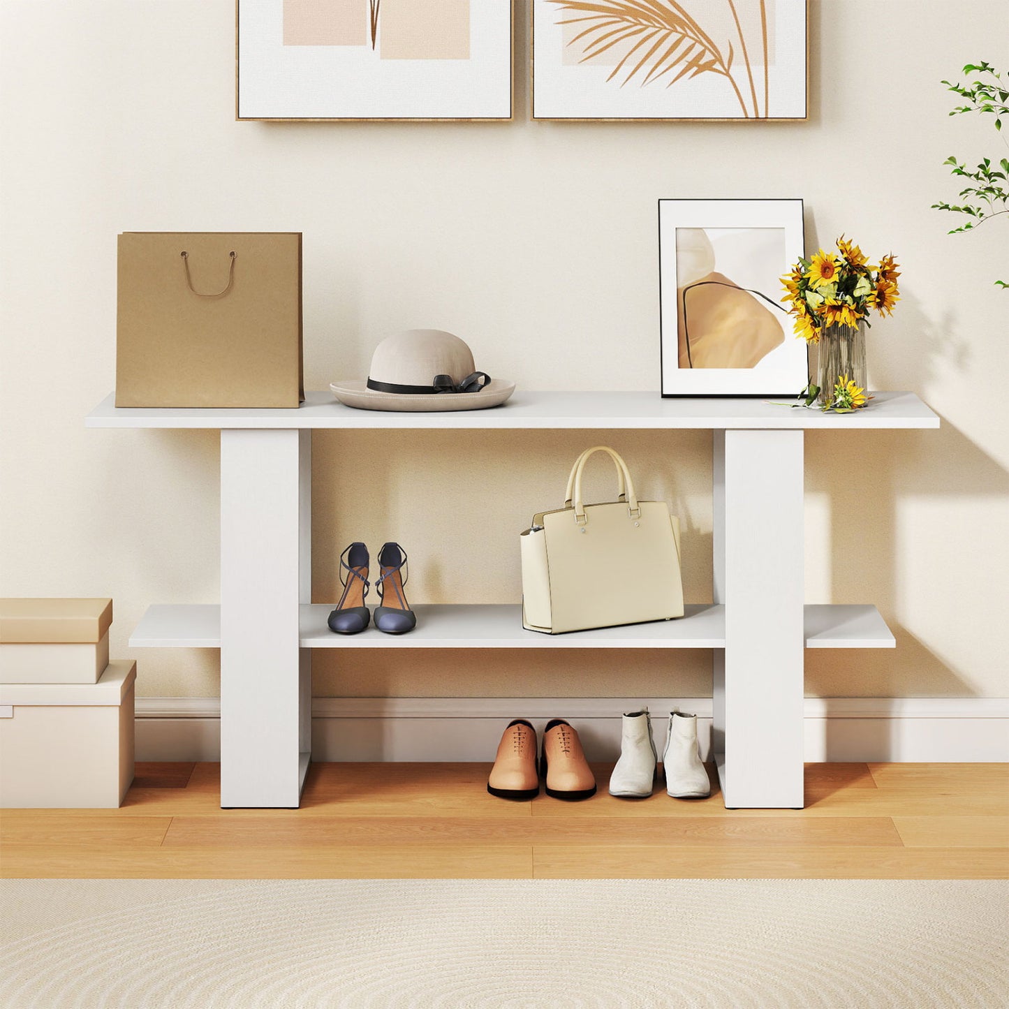 2-Tier TV Stand, 55 Inch, Storage Console Table, White