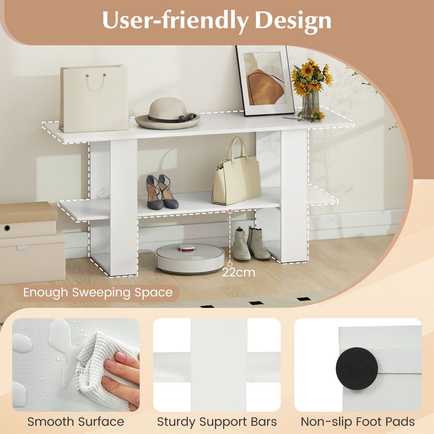 2-Tier TV Stand, 55 Inch, Storage Console Table, White