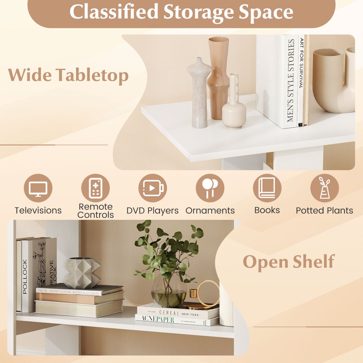 2-Tier TV Stand, 55 Inch, Storage Console Table, White