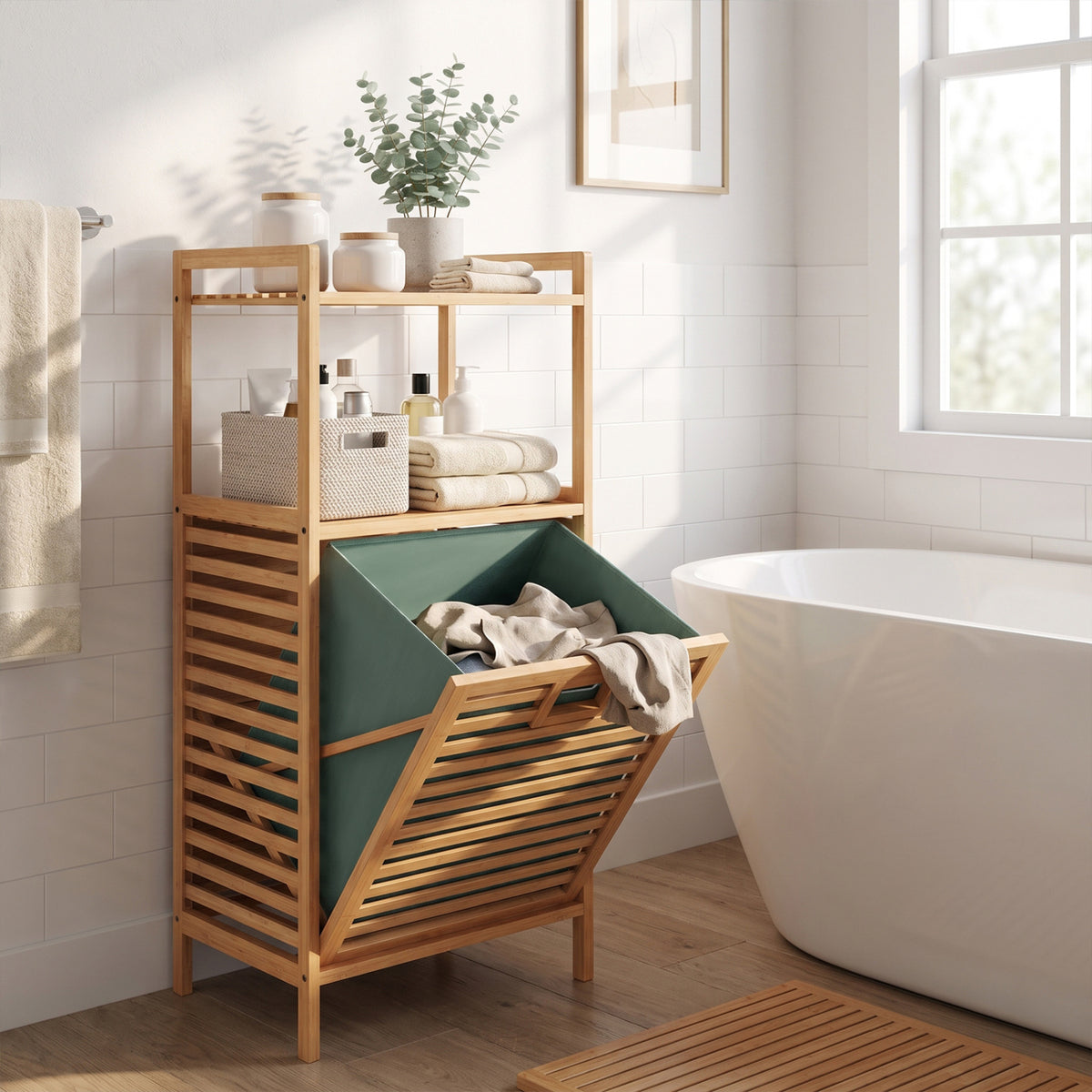 2-Tier Tilt Out Laundry Hamper, Foldable Basket, Green