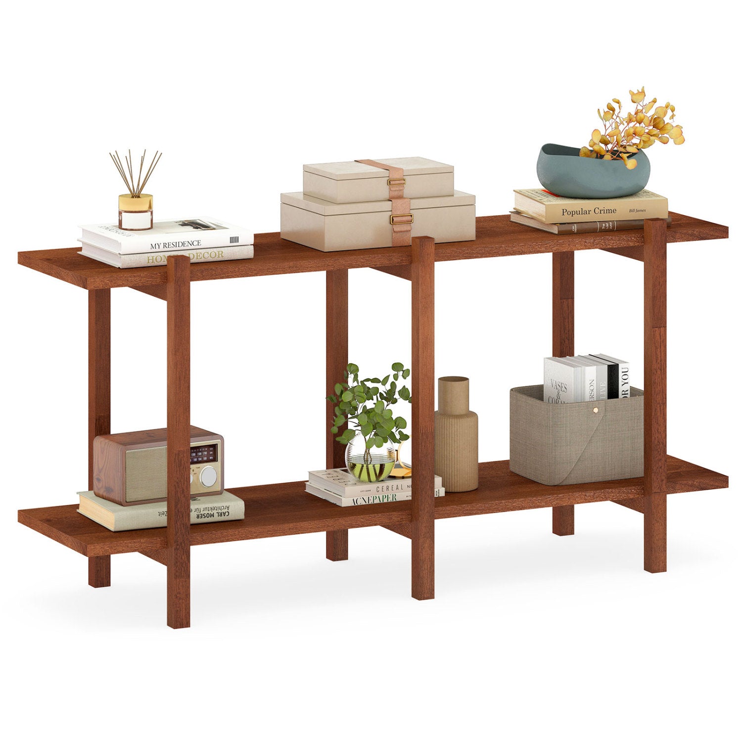 2-Tier Wood Bookshelf, Low Horizontal Rubberwood Bookcase, Walnut Bookcases at Gallery Canada