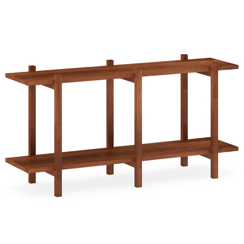 2-Tier Wood Bookshelf, Low Horizontal Rubberwood Bookcase, Walnut