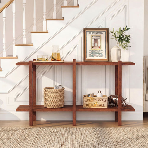 2-Tier Wood Bookshelf, Low Horizontal Rubberwood Bookcase, Walnut