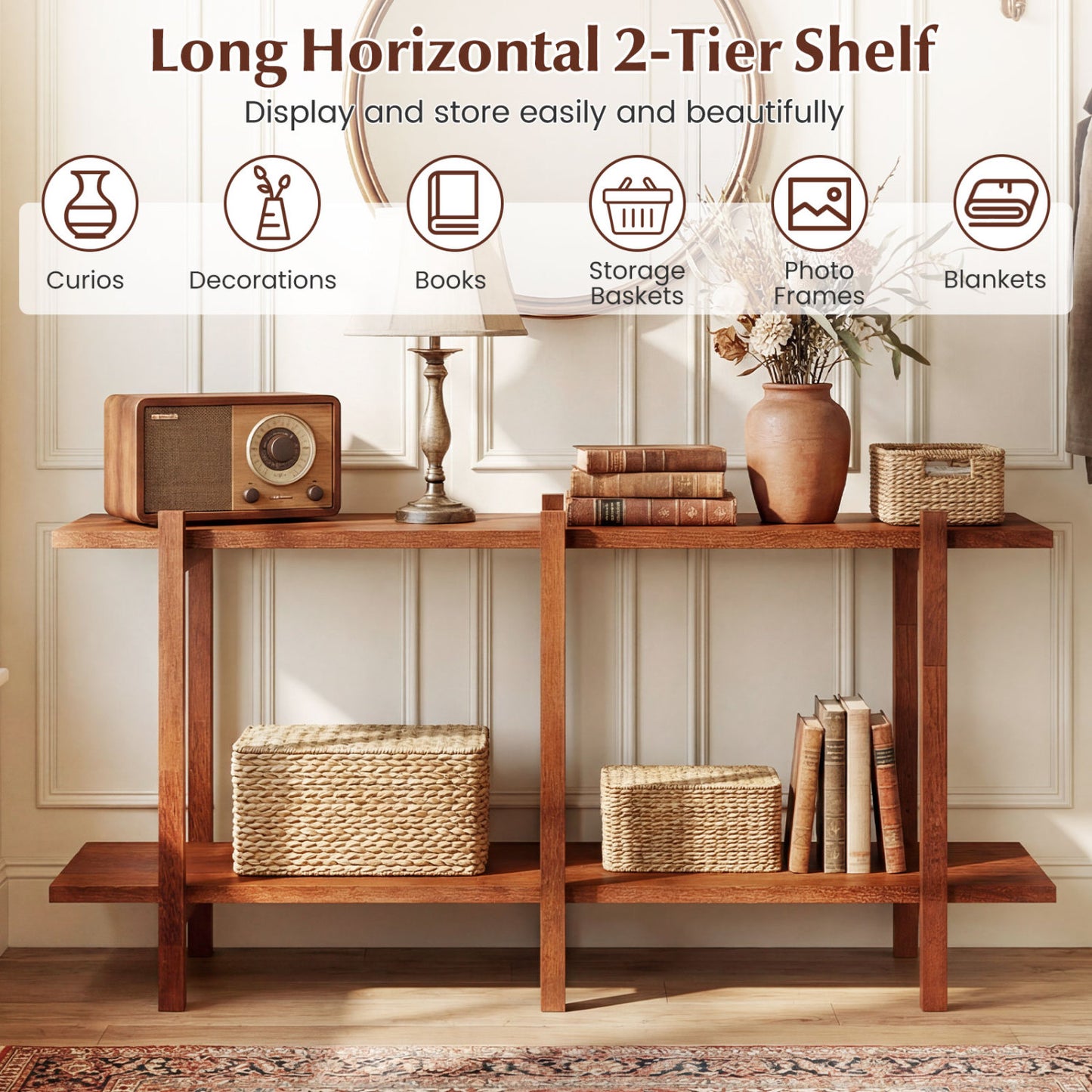2-Tier Wood Bookshelf, Low Horizontal Rubberwood Bookcase, Walnut Bookcases at Gallery Canada