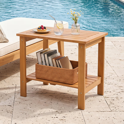 Table d'appoint d'extérieur en bois à 2 niveaux, plateau à lattes, étagère de rangement