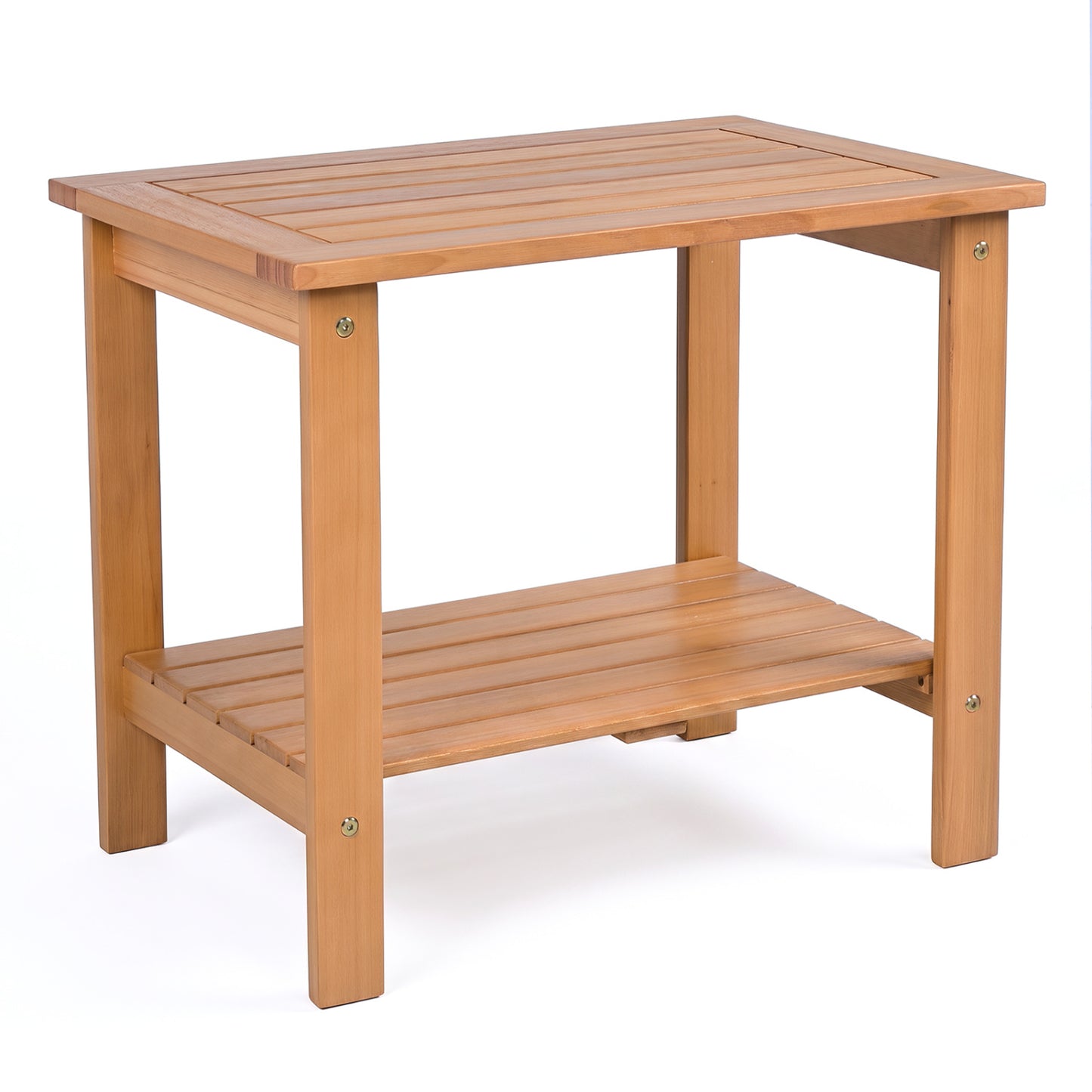 Table d'appoint d'extérieur en bois à 2 niveaux, plateau à lattes, étagère de rangement
